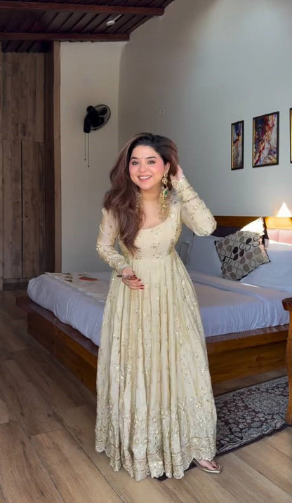 anarkali gown for women Party wear cream Anarkali dress with elegant look
Festive wear cream gown with embroidery and dupatta