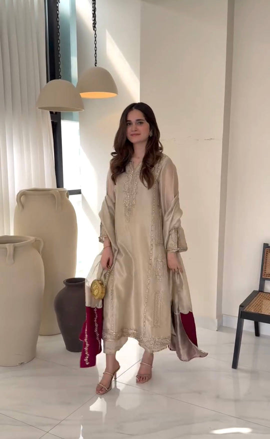 Embroidered Pure Gmy silk kurta palazzo set with matching dupatta for festive occasions