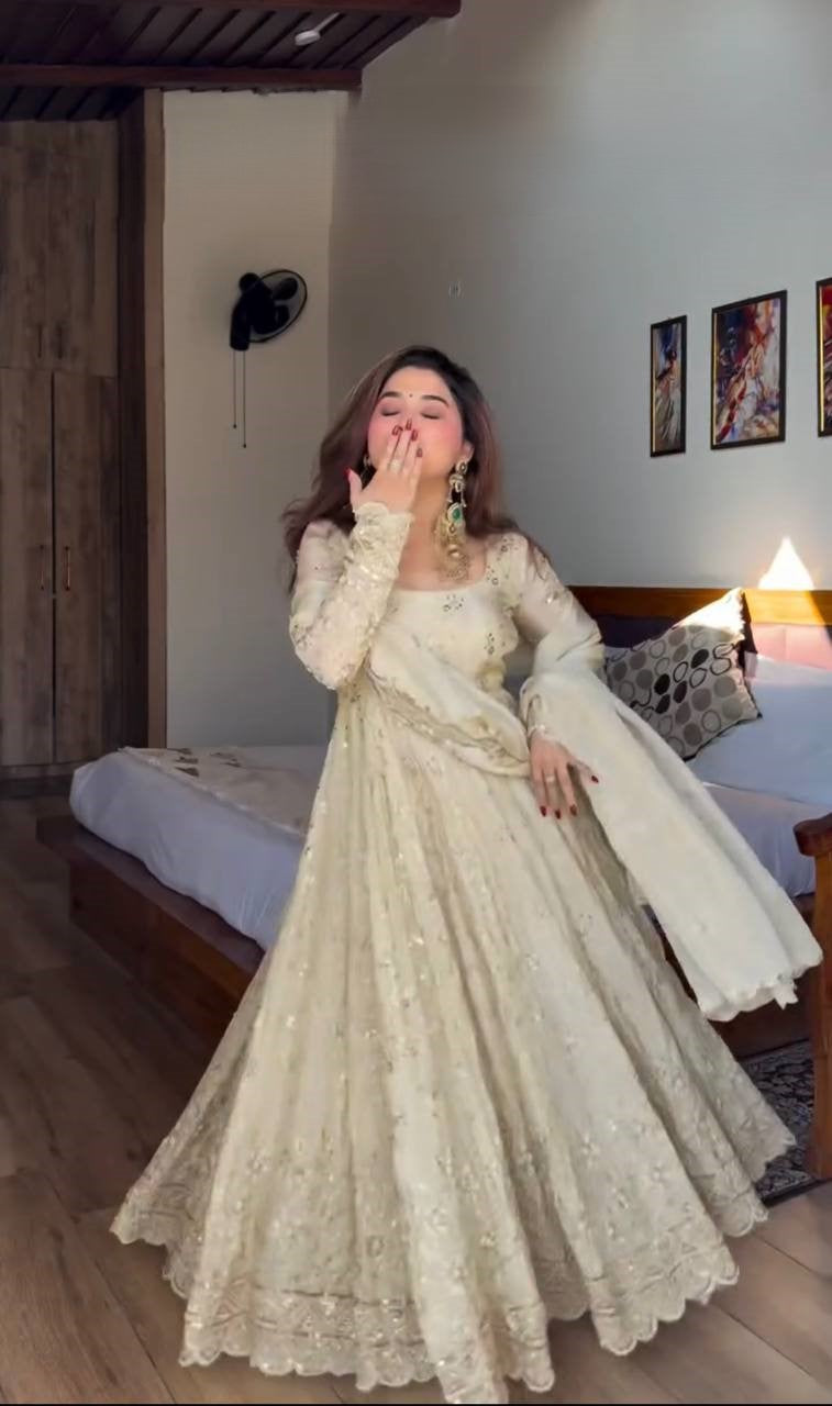 Stylish cream Chinon silk Anarkali gown for party wear
Wedding wear cream embroidered Anarkali dress for women
Premium cream Anarkali gown with sequins and moti work