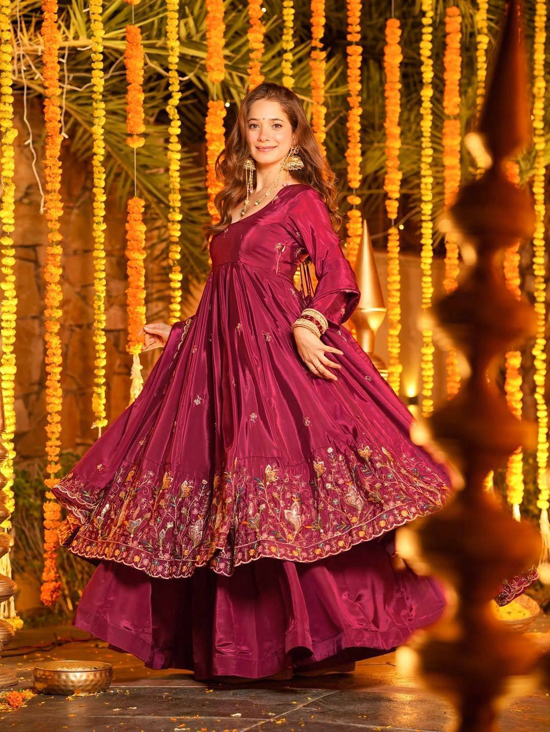 Heavy crepe silk embroidered Anarkali suit front view with sequin work and full sleeves