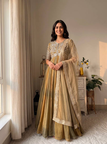 Premium Embroidered Designer Gown with Butterfly Net Dupatta & Bottom | Party Wear & Festive Wedding Outfit