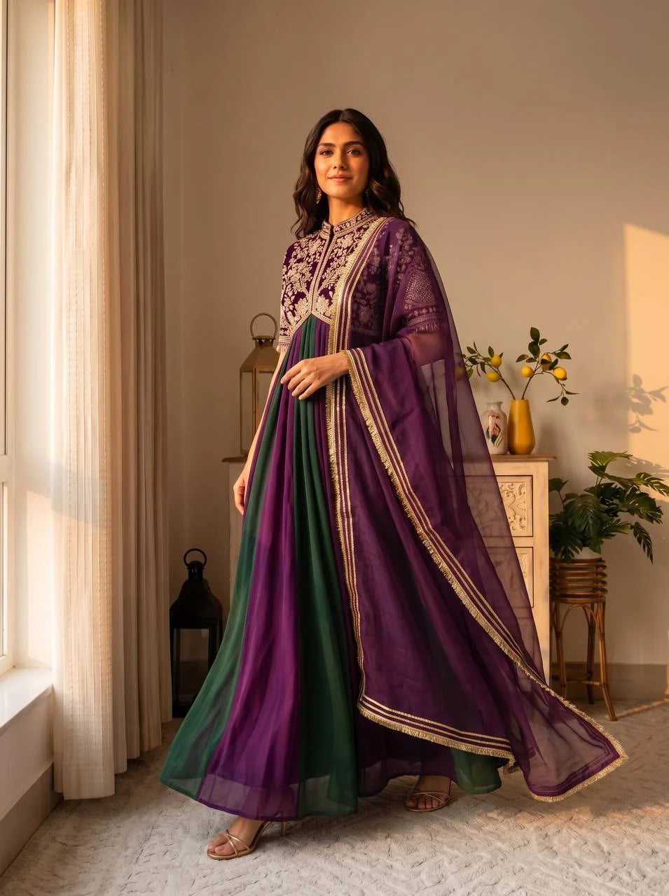 Premium Embroidered Designer Gown with Butterfly Net Dupatta & Bottom | Party Wear & Festive Wedding Outfit