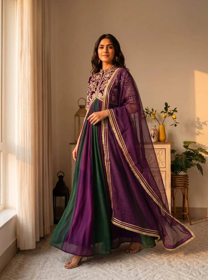 Premium Embroidered Designer Gown with Butterfly Net Dupatta & Bottom | Party Wear & Festive Wedding Outfit