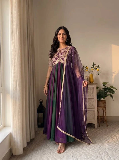 Premium Embroidered Designer Gown with Butterfly Net Dupatta & Bottom | Party Wear & Festive Wedding Outfit