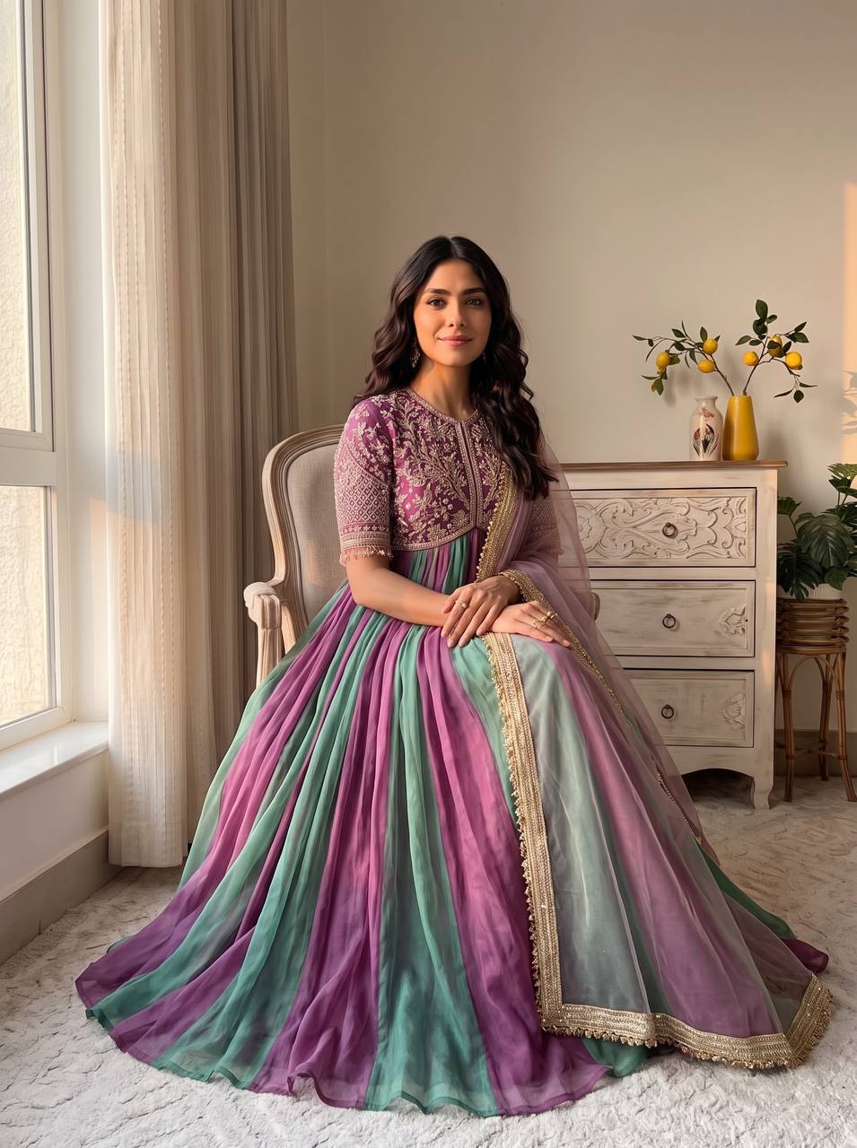 Premium Embroidered Designer Gown with Butterfly Net Dupatta & Bottom | Party Wear & Festive Wedding Outfit
