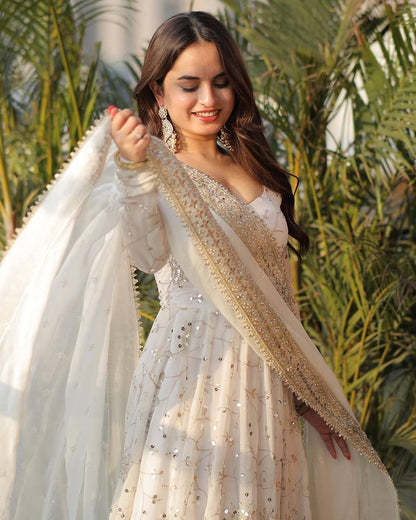Complete white Anarkali gown set with churidar and dupatta