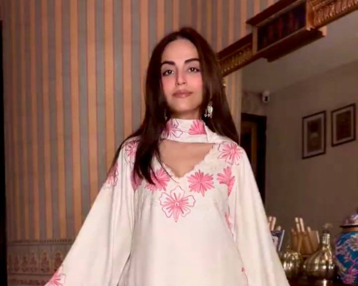 Elegant white ethnic suit for women with pink embroidery casual festive wear